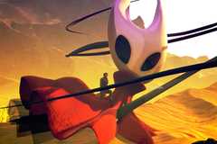 Nate from Baby Steps climbing a structure designed to look like Hornet from Hollow Knight: Silksong.