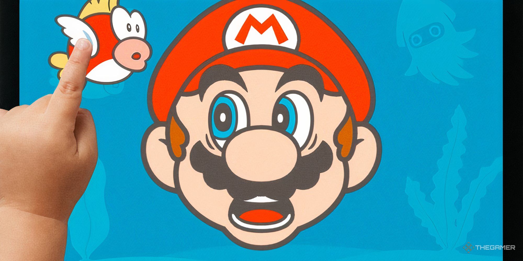 Hello Mario app image of a small child playing with a Cheep Cheep fish while Mario looks ominously.