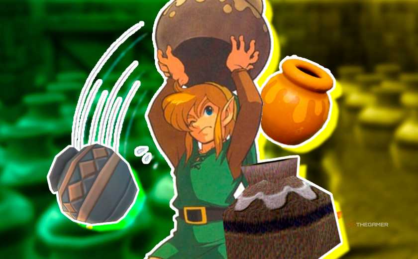 Link artwork of him lifting up a pot from The Legend of Zelda A Link to the Past with other pots from across the series around him.