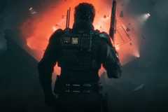 A Call of Duty Black Ops 7 character wearing high tech gear looking away at a red anomaly.