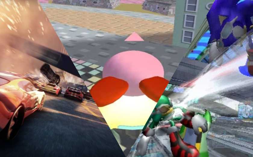 Cars racing around explosion insplit/second, kirby flying on a star in kirby's air ride, and sonic and Jet racing in Sonic Riders, left to right.