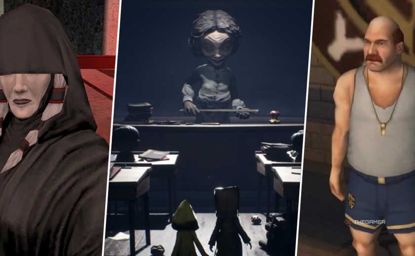 A split image of Kreia in Knights of the Old Republic 2, The Teacher in Little Nightmares 2, and Mr. Burton in Bully.